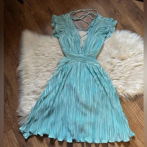 LULU’S Captivating Delight Teal Blue Plisse Satin Lace-Up Mini Dress - Picture 4 of 7